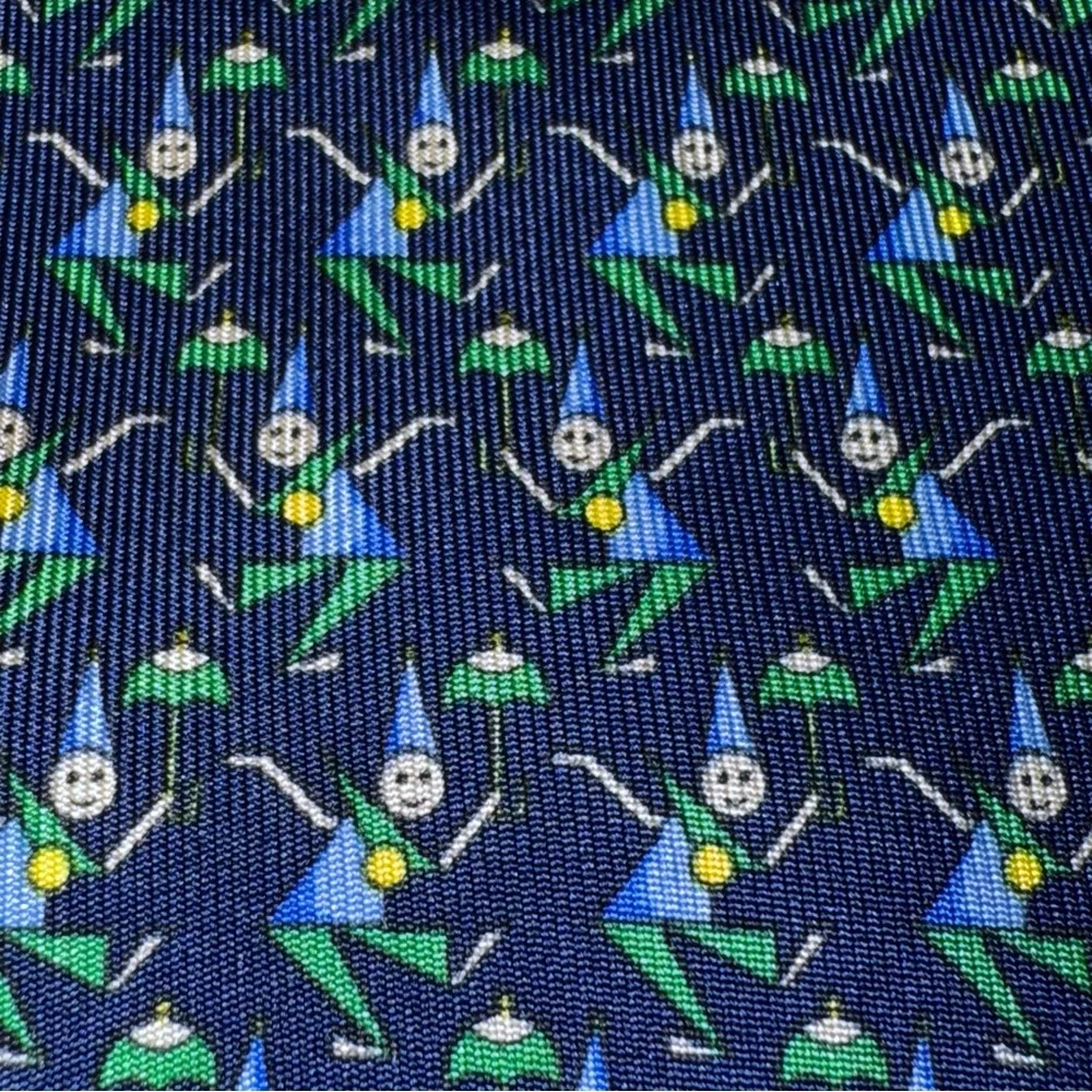 Salvatore Ferragamo Silk Tie Navy Whimsical‎ Gnome Elf Umbrella Print Novelty